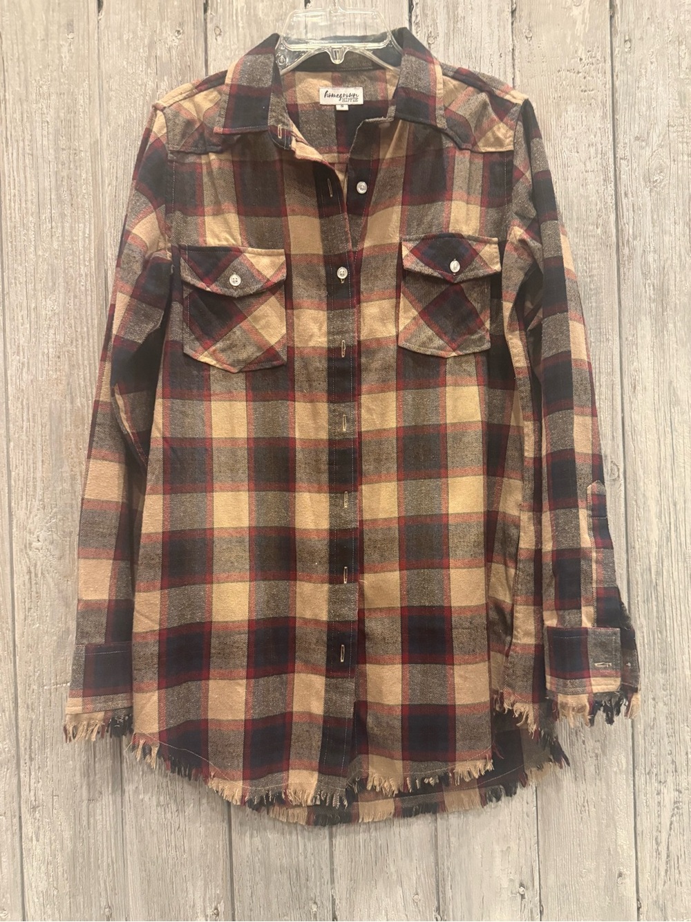 Homegrown Hippie Frayed Hem Plaid Button-Down Shirt in Tan, Blue & Red